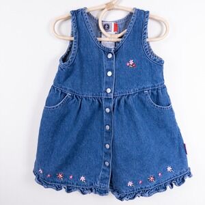 Vintage Y2K Arizona Denim Dress Kids 3T Blue Floral Embroidery Button Front